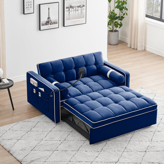 Divano letto convertibile in velluto blu da 55'' per due, letto estraibile con reclinazione regolabile, tasche laterali e porta telefono
