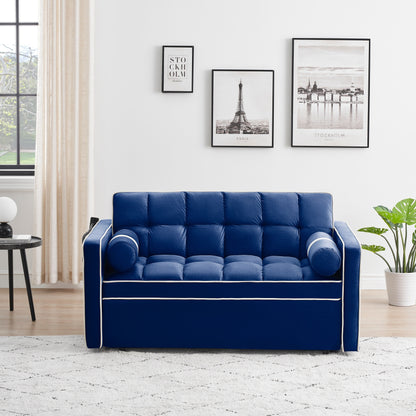 Divano letto convertibile in velluto blu da 55'' per due, letto estraibile con reclinazione regolabile, tasche laterali e porta telefono