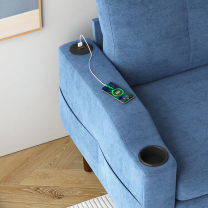 Divano trasformabile a 3 posti in tessuto a forma di L blu da 78'' con mobiletto portaoggetti, porte USB e portabicchieri