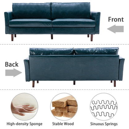 Divano Mid-Century in similpelle blu da 80'' con struttura in legno, cuscini di seduta imbottiti e schienale rimovibile