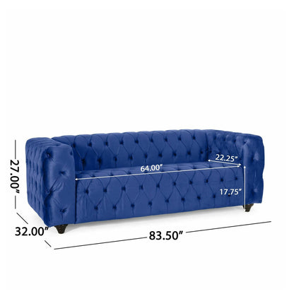 Divano a 3 posti in velluto blu da 83,5'' con schienale capitonné, gambe in legno massello vintage e braccioli larghi - Ideal &amp; Study