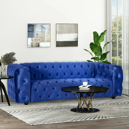 Divano a 3 posti in velluto blu da 83,5'' con schienale capitonné, gambe in legno vintage e braccioli larghi