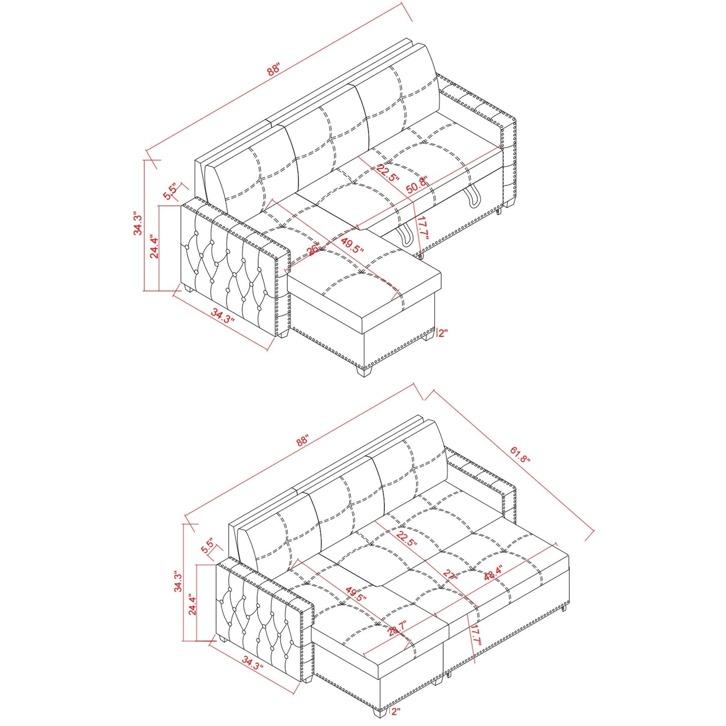 Divano letto convertibile blu da 88'' a 3 posti con chaise longue contenitore, letto estraibile, finiture con borchie argentate - comoda imbottitura in spugna