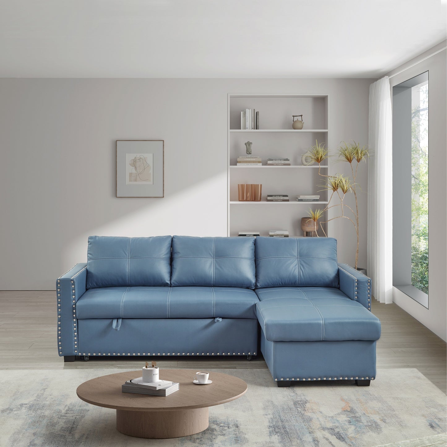 Divano letto convertibile blu da 88'' a 3 posti con chaise longue contenitore, letto estraibile, finiture con borchie argentate e comoda imbottitura in spugna