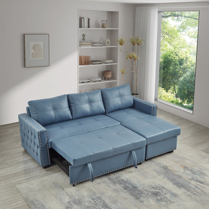 Divano letto convertibile blu da 88'' a 3 posti con chaise longue contenitore, letto estraibile, finiture con borchie argentate e comoda imbottitura in spugna
