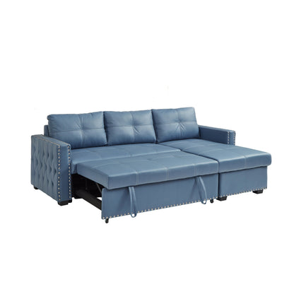 Divano letto convertibile in microfibra blu da 88'' a 3 posti con chaise longue contenitore e funzione letto estraibile