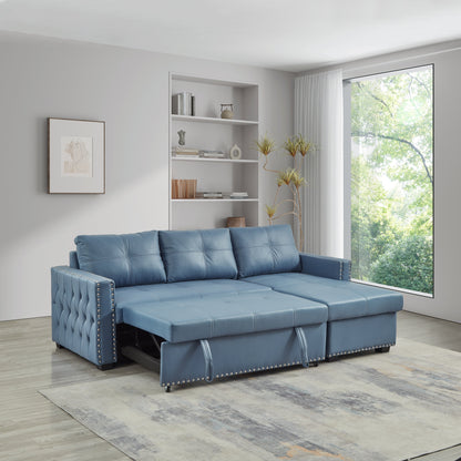 Divano convertibile in microfibra blu da 88'' con letto estraibile e chaise longue contenitore