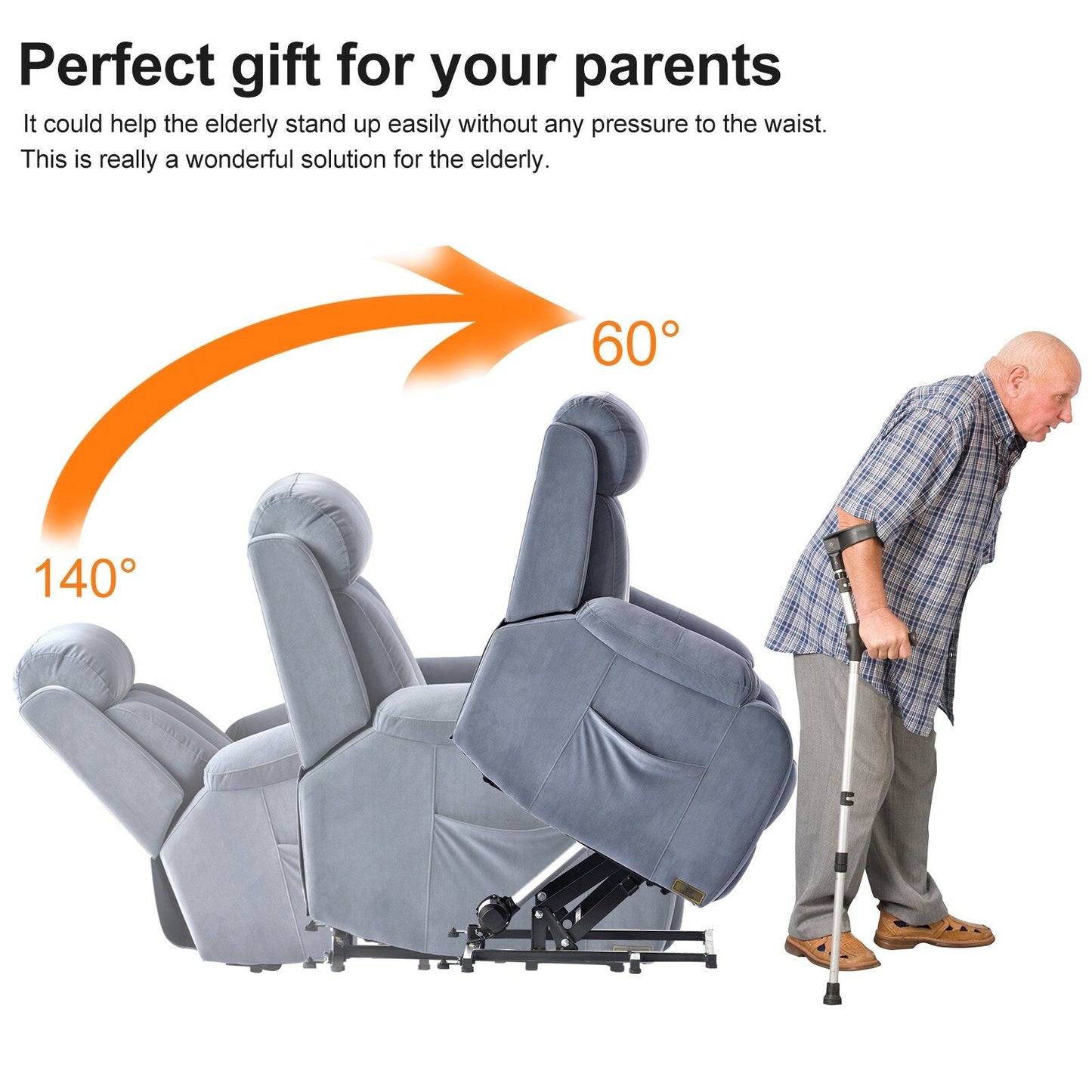 Poltrona reclinabile elettrica in tessuto antiscivolo blu per anziani, con telecomando, design morbido e tasca portaoggetti laterale