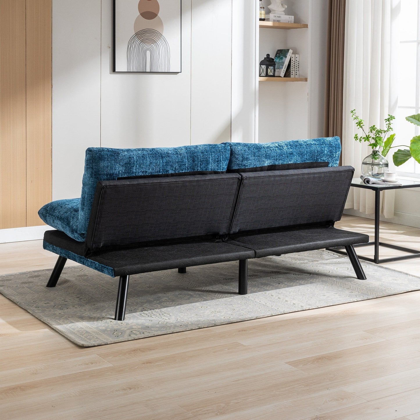 Divano letto futon convertibile in ciniglia blu
