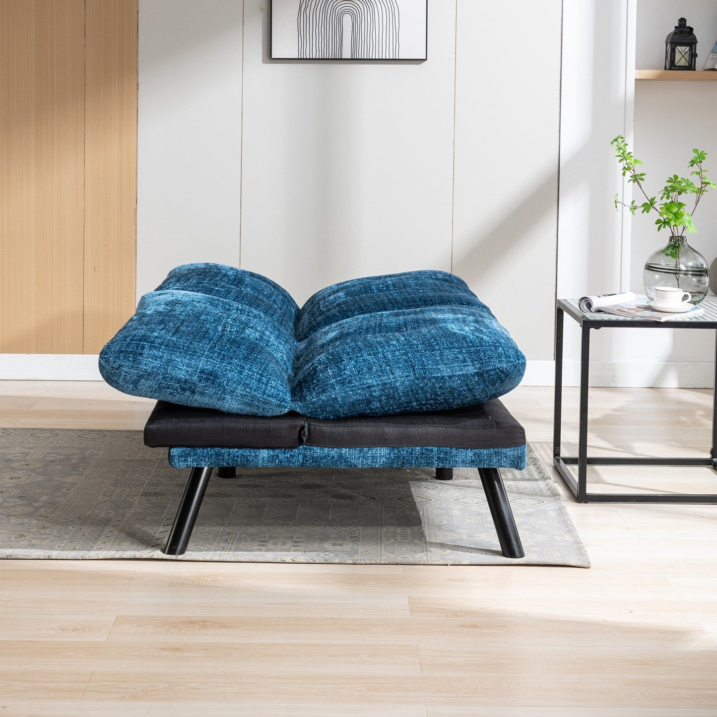 Divano letto futon convertibile in ciniglia blu