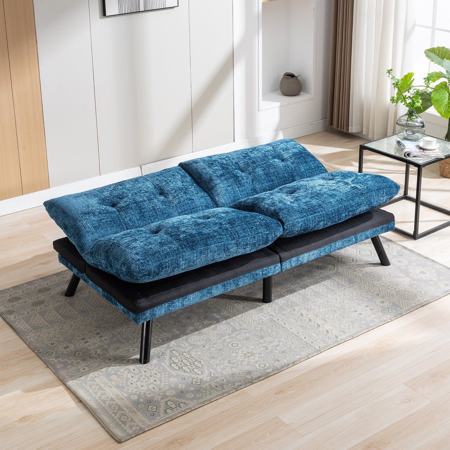 Divano letto futon convertibile in ciniglia blu