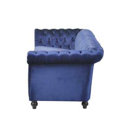 Divano Chesterfield blu 84.75 imbottito con bottoni, 3 posti, borchie e gambe in legno