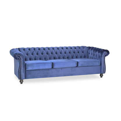 Divano Chesterfield blu a 3 posti con bottoni e borchie