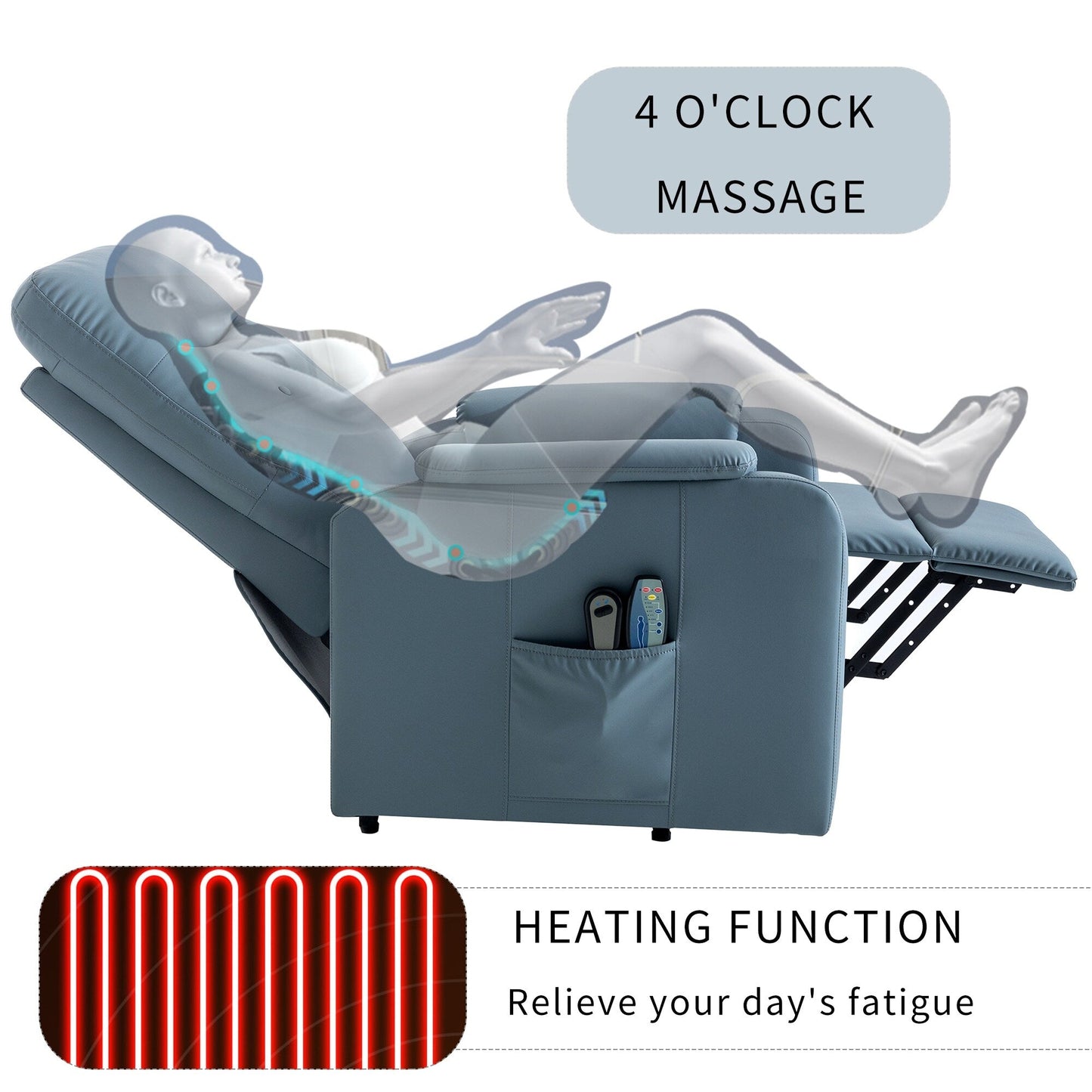 Poltrona reclinabile elettrica blu con massaggio, calore e tasche laterali, ideale per anziani e adulti