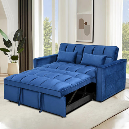 Divano letto trasformabile in flanella blu con contenitore