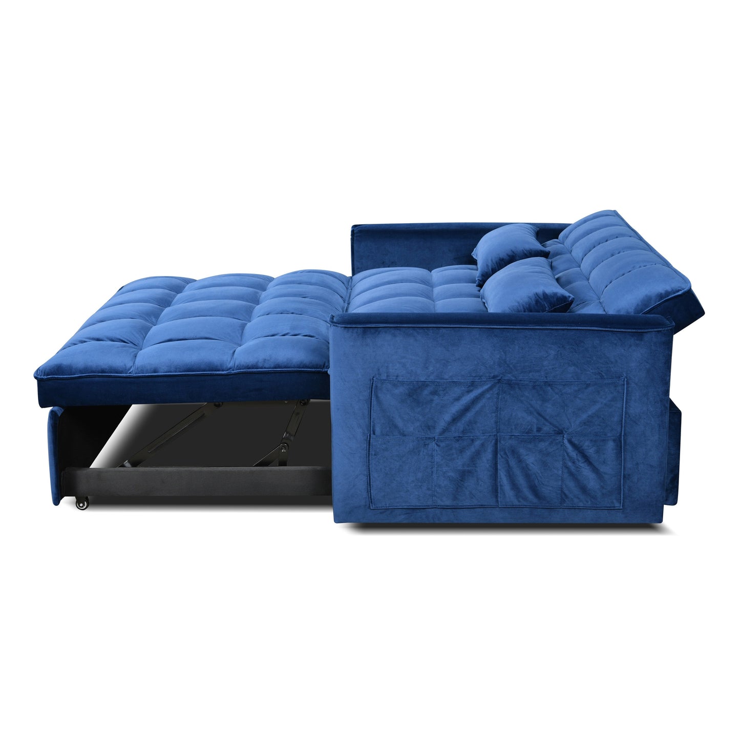 Divano letto trasformabile in flanella blu con contenitore