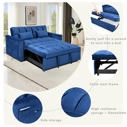 Divano letto trasformabile in flanella blu con contenitore