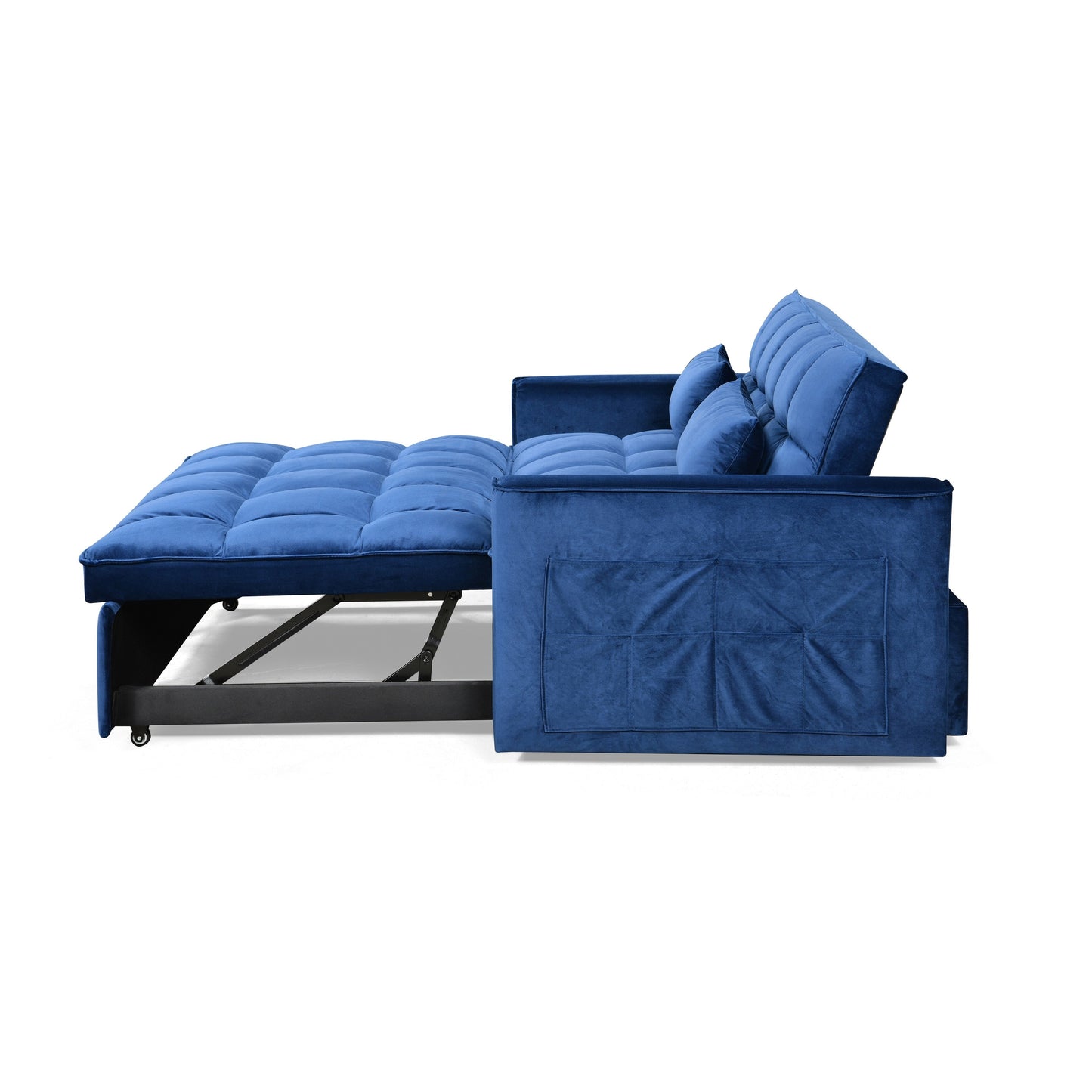 Divano letto trasformabile in flanella blu con contenitore