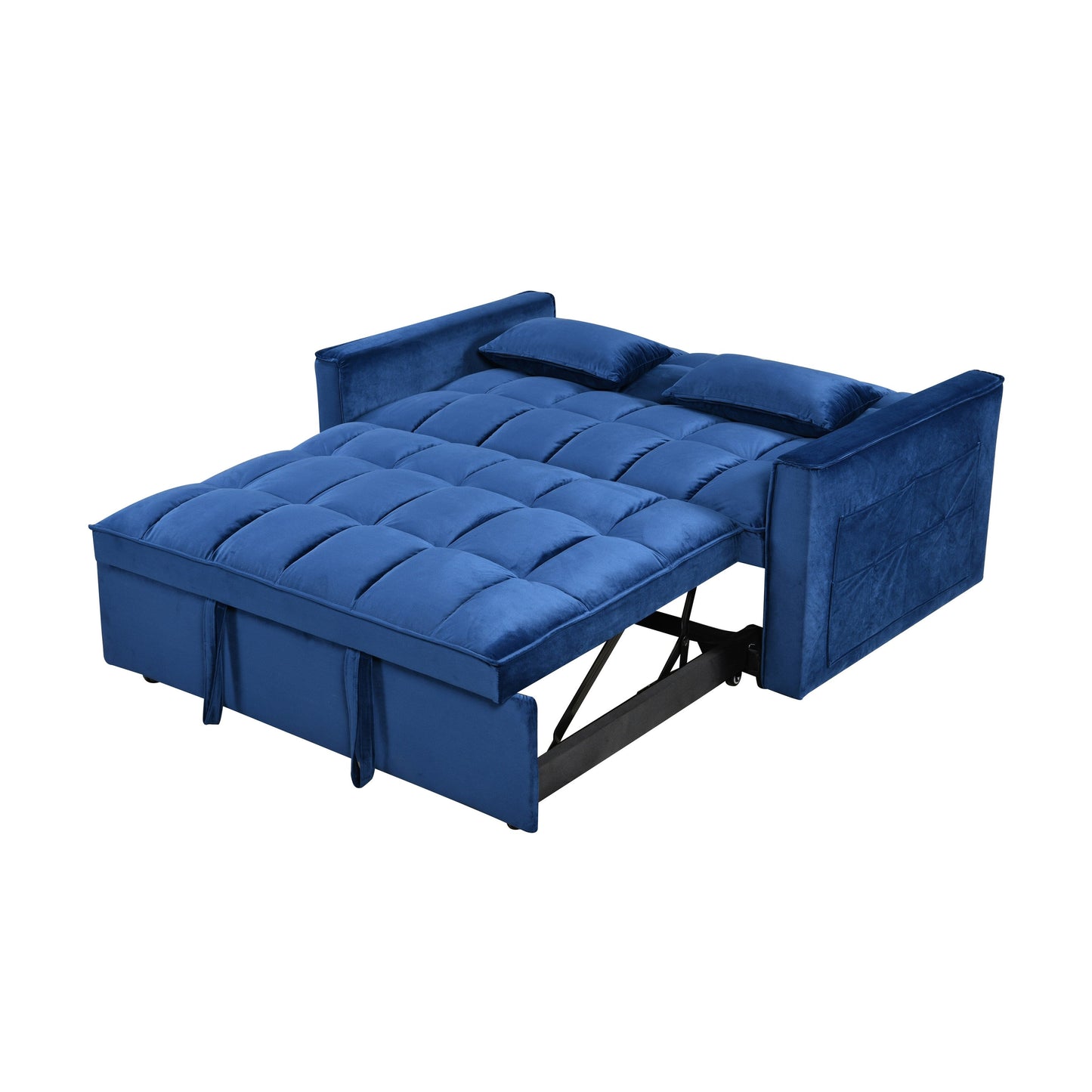 Divano letto trasformabile in flanella blu con contenitore