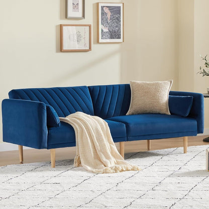 Divano letto futon blu con cuscini
