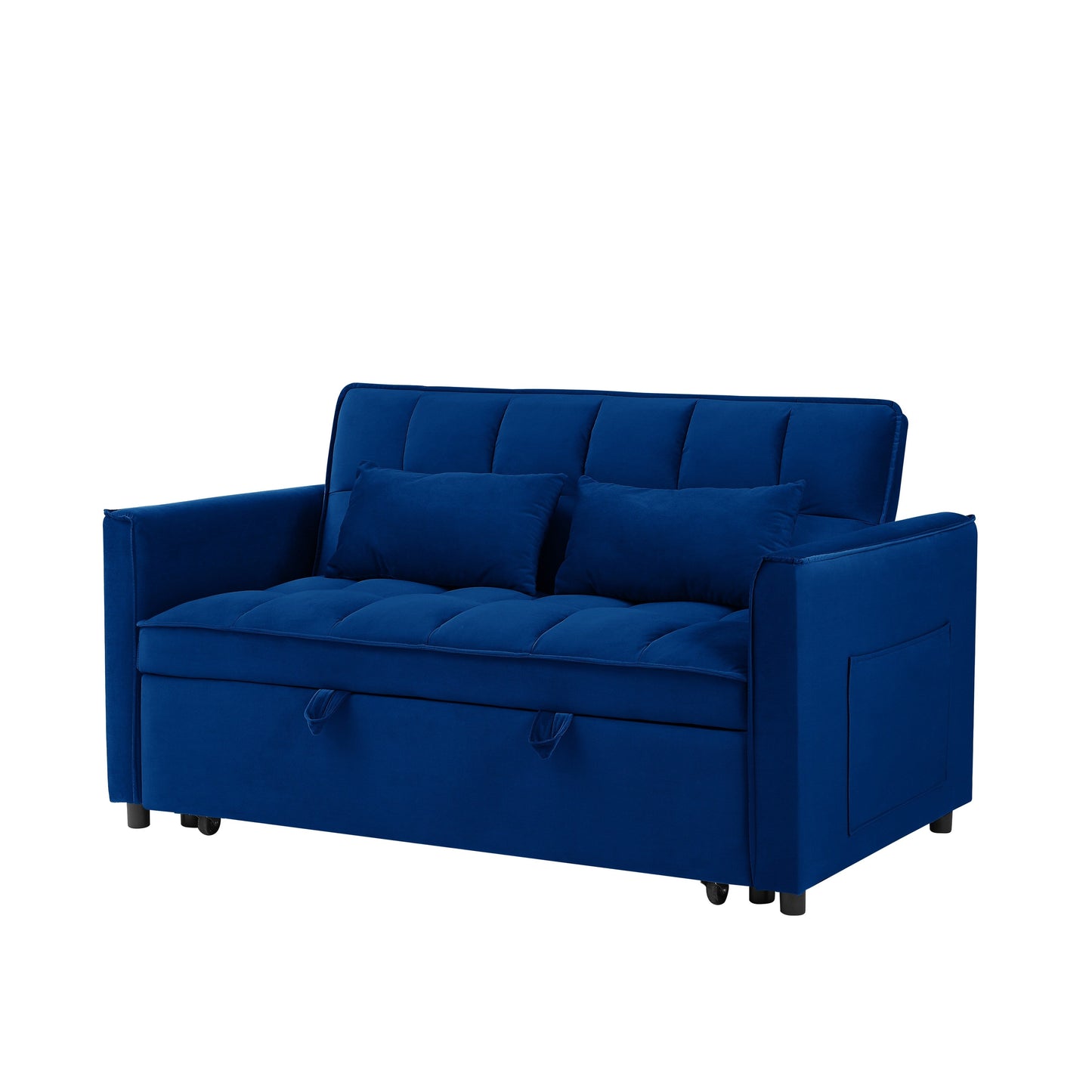 Divano letto blu con borsa portaoggetti