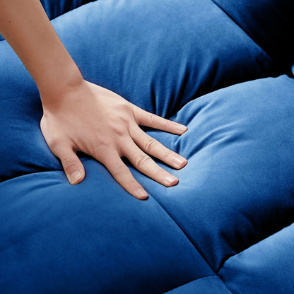 Divano letto blu con borsa portaoggetti