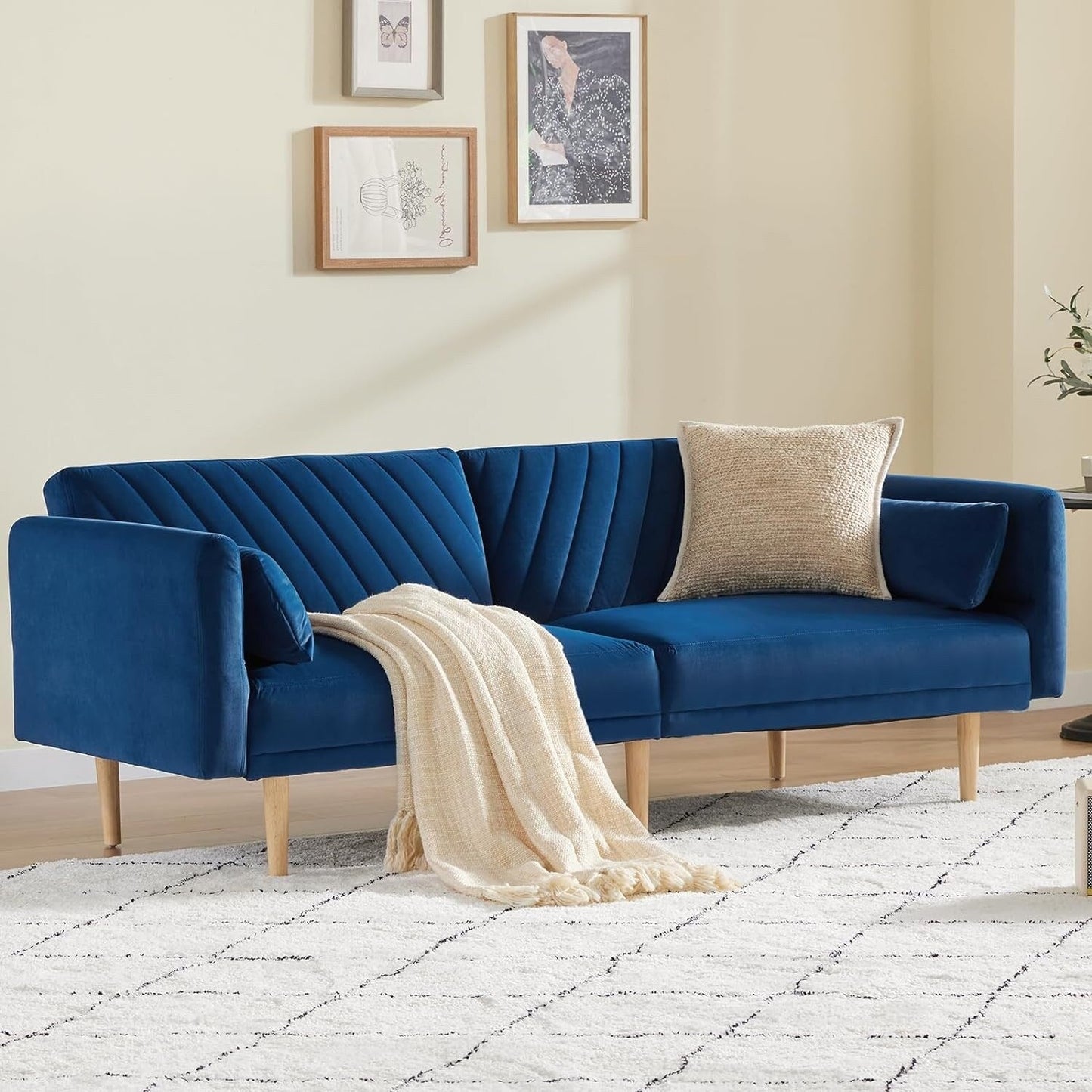 Divano letto trasformabile in futon moderno blu da 78 posti con 2 cuscini e schienale per soggiorno