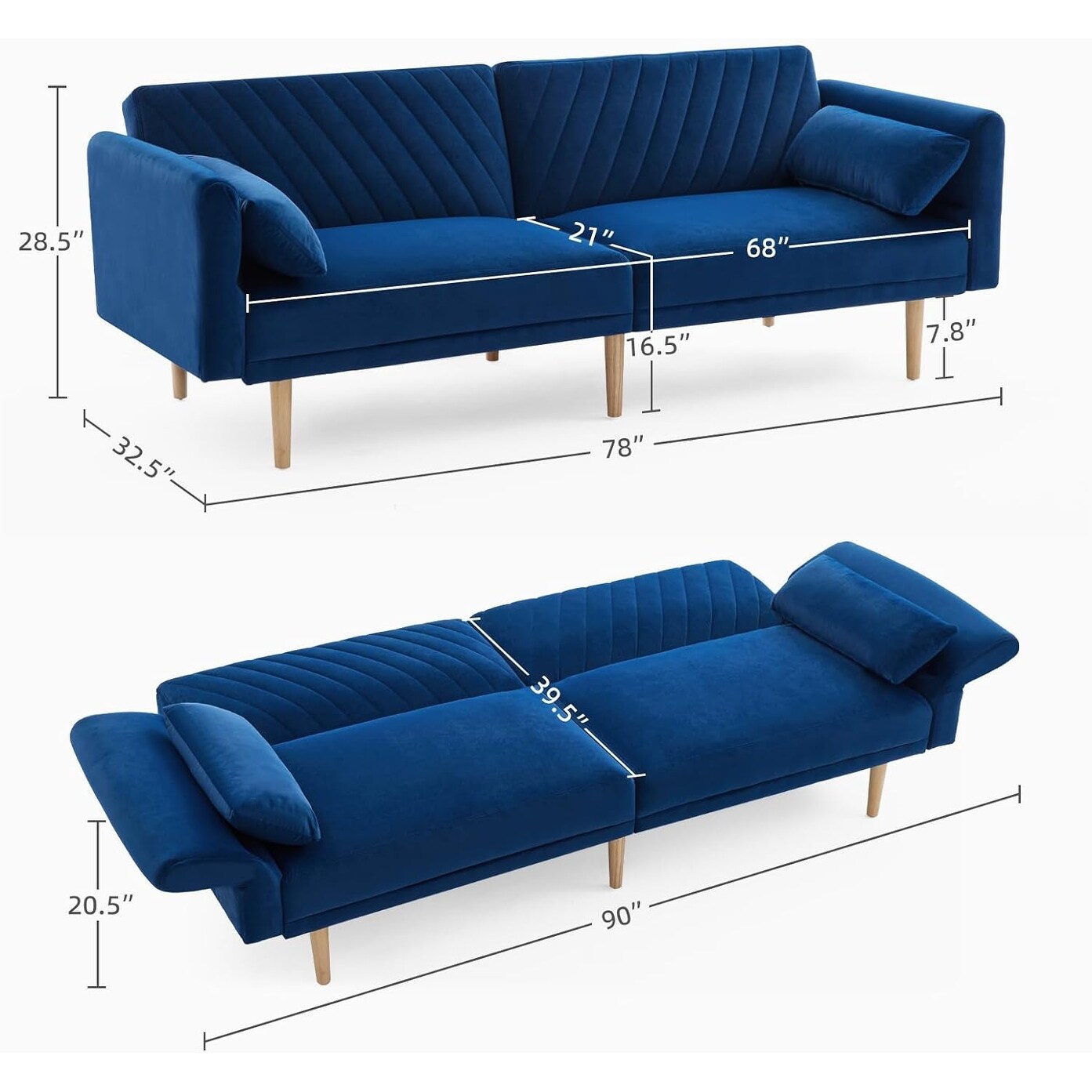 Divano letto trasformabile in futon moderno blu da 78 posti con 2 cuscini e schienale per soggiorno
