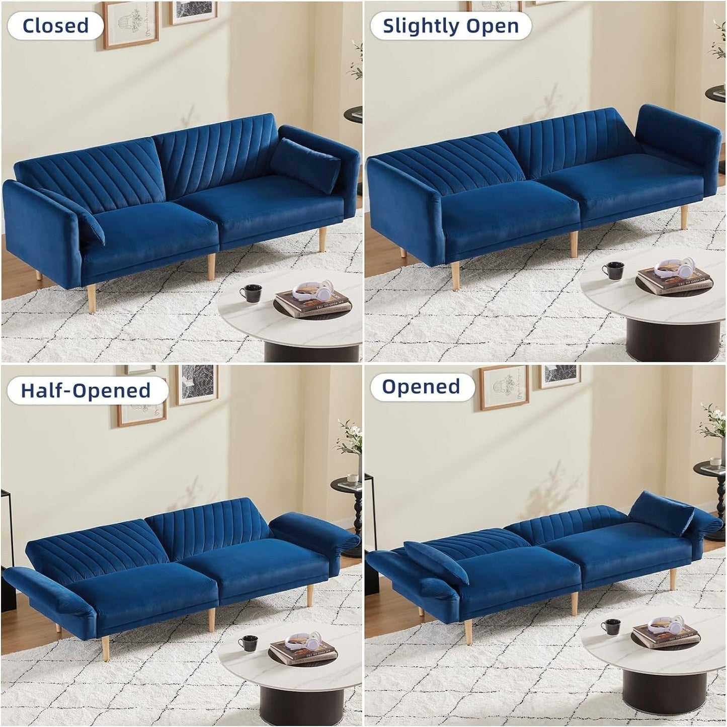Divano letto trasformabile in futon moderno blu da 78 posti con 2 cuscini e schienale per soggiorno