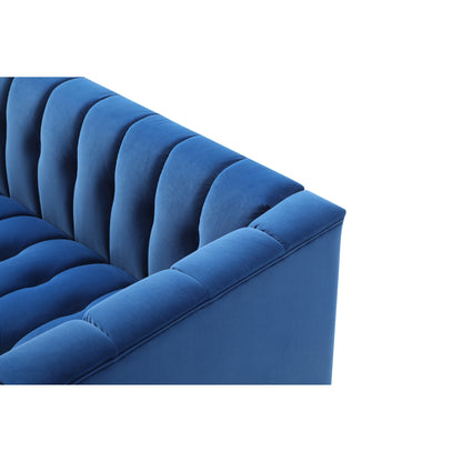 Divano moderno blu 81.88 in velluto a 3 posti con gambe trasparenti e schienale capitonné per soggiorno