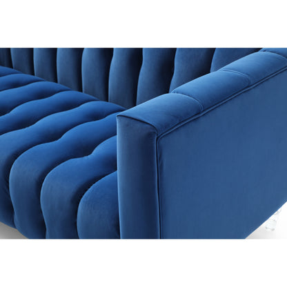 Divano moderno blu 81.88 in velluto a 3 posti con gambe trasparenti e schienale capitonné per soggiorno