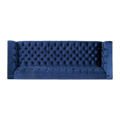 Divano a 3 posti moderno blu 86,75 in similpelle con bottoni trapuntati e gambe in ferro lisce a forma di T per soggiorno