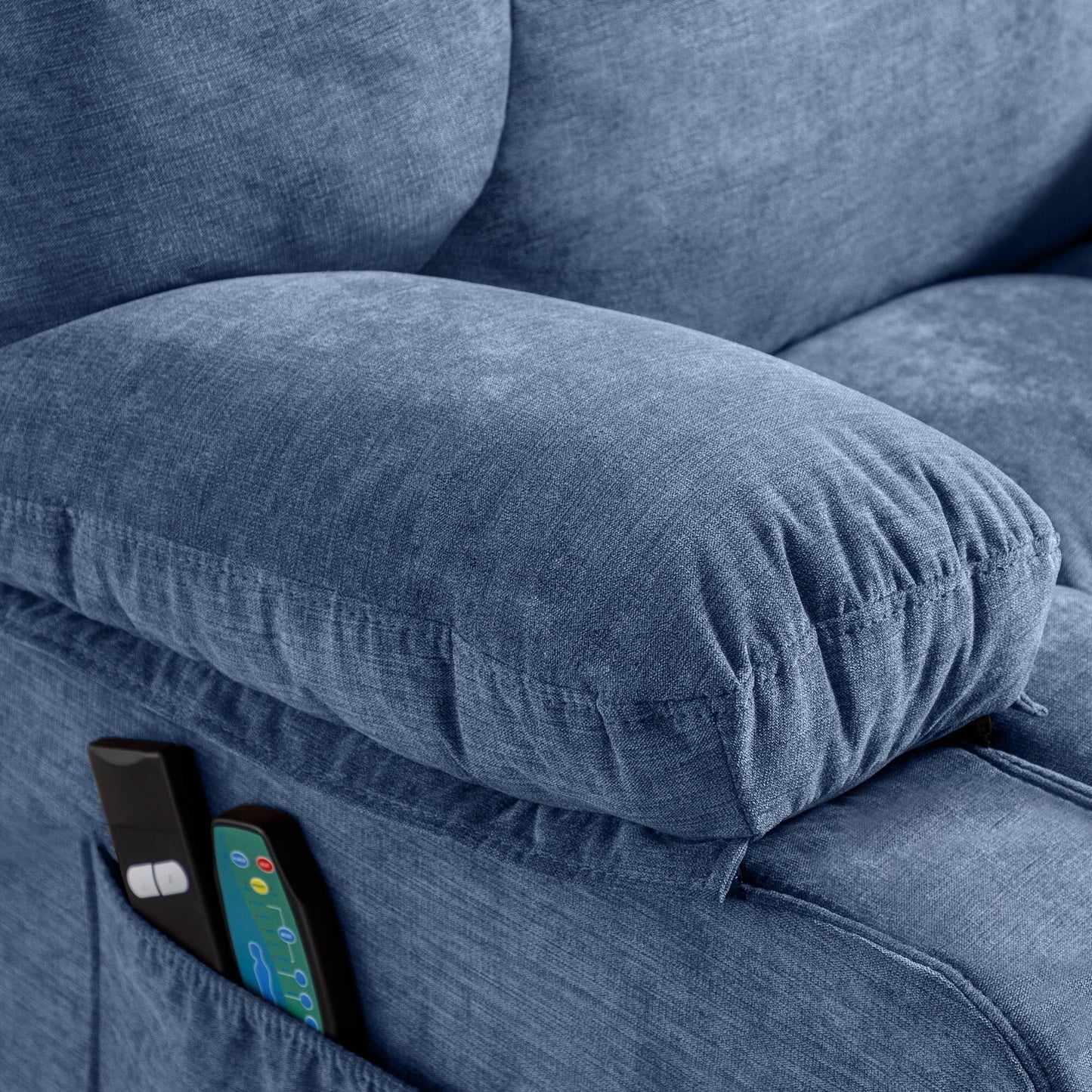 Poltrona reclinabile elettrica blu con riscaldamento, massaggio, ricarica USB, tasche laterali e telecomando per la massima praticità