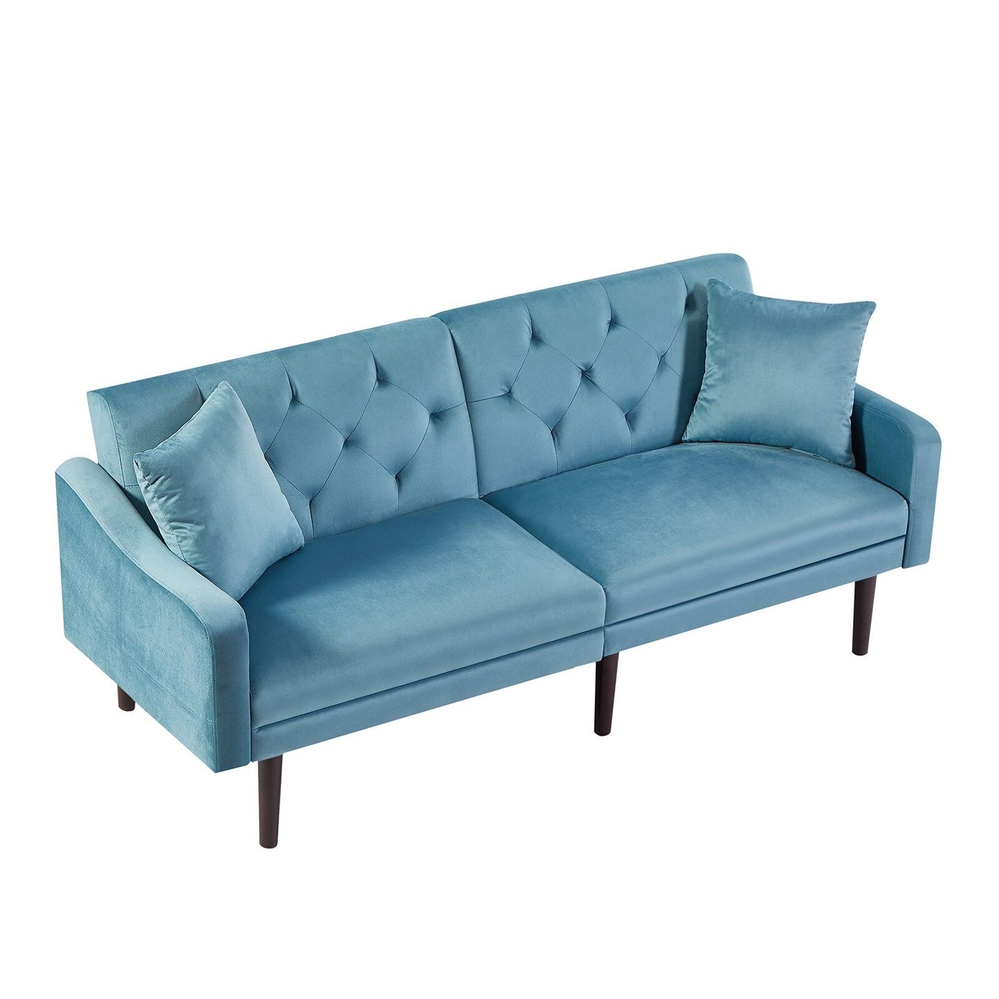 Divano letto a 3 posti in velluto blu con cuscini decorativi e struttura in legno