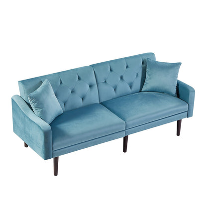 Divano letto a 3 posti in velluto blu con cuscini decorativi e struttura in legno