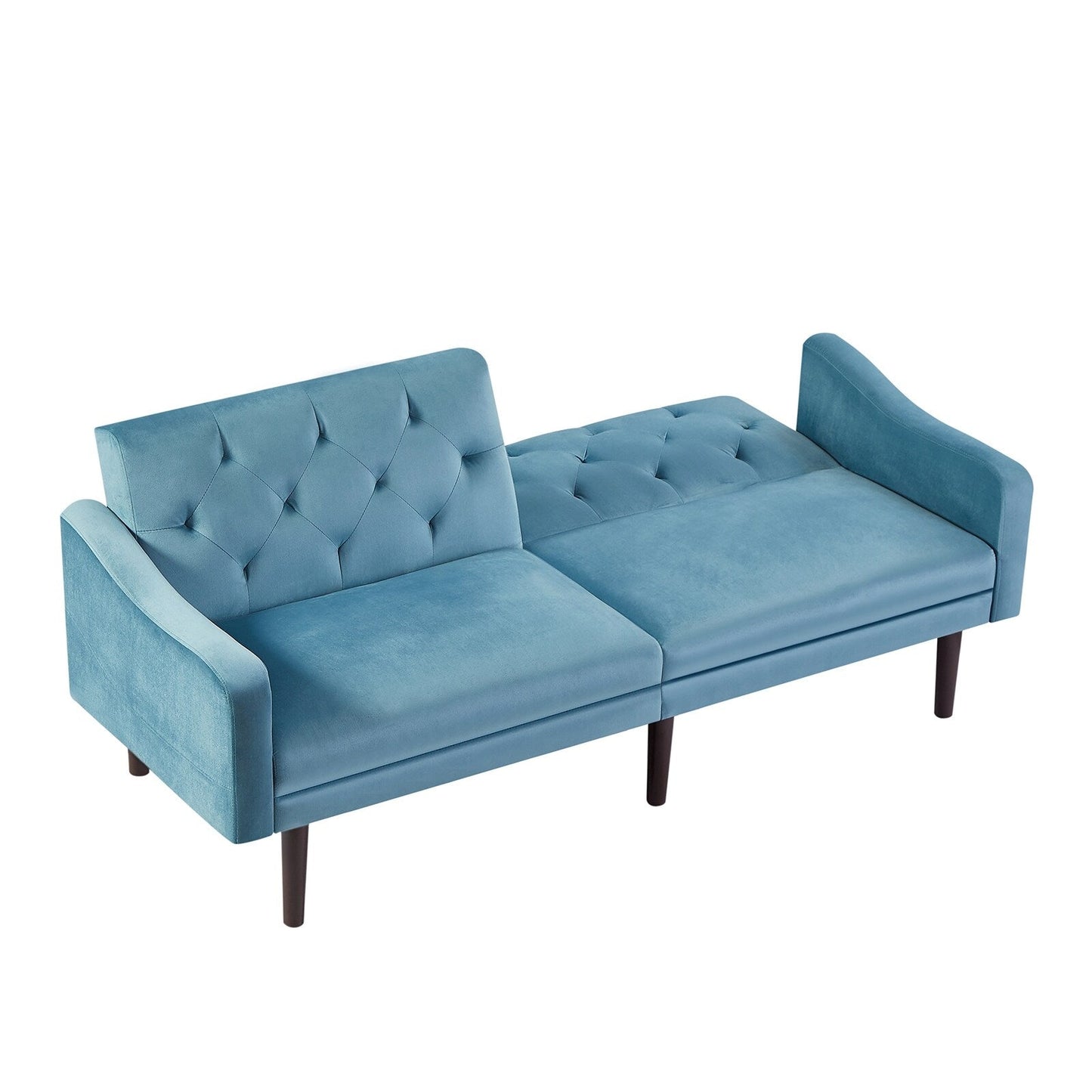 Divano letto a 3 posti in velluto blu con cuscini decorativi e struttura in legno