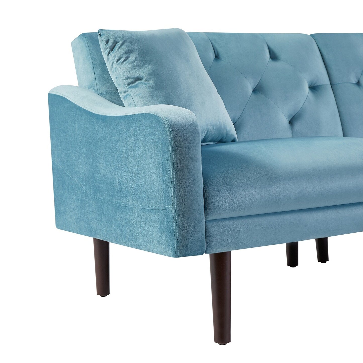 Divano letto a 3 posti in velluto blu con cuscini decorativi e struttura in legno