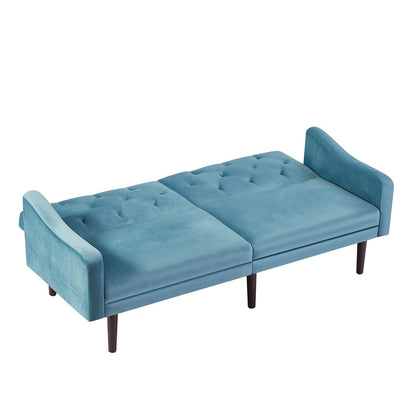 Divano letto a 3 posti in velluto blu con cuscini decorativi e struttura in legno