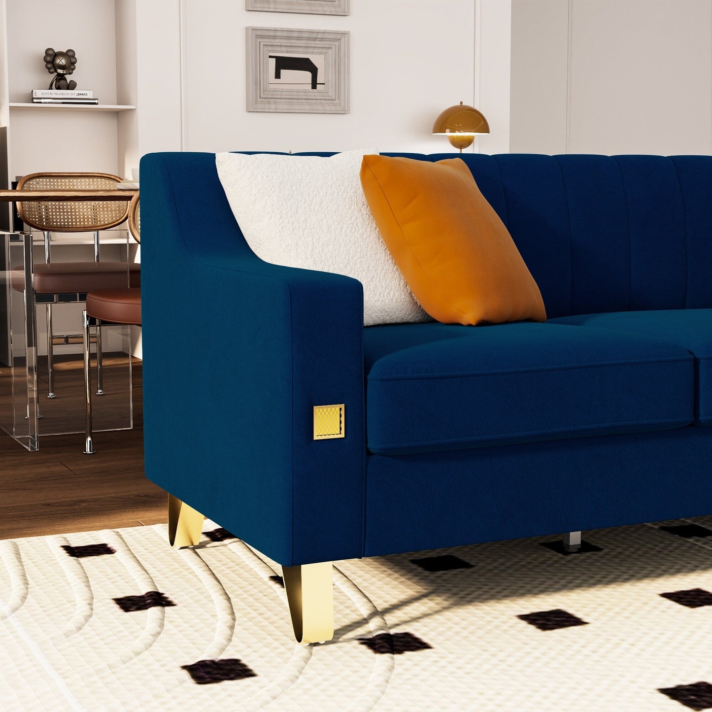 Divano a 3 posti in velluto blu con dettagli dorati