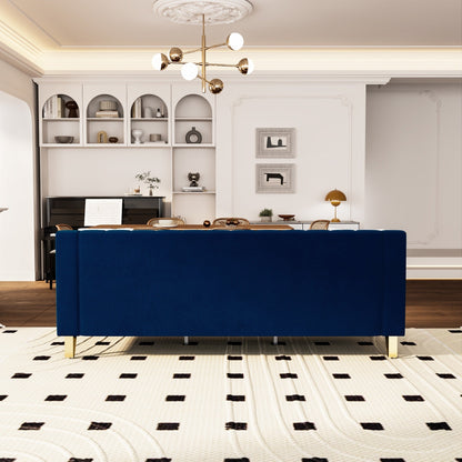 Divano a 3 posti in velluto blu con dettagli dorati