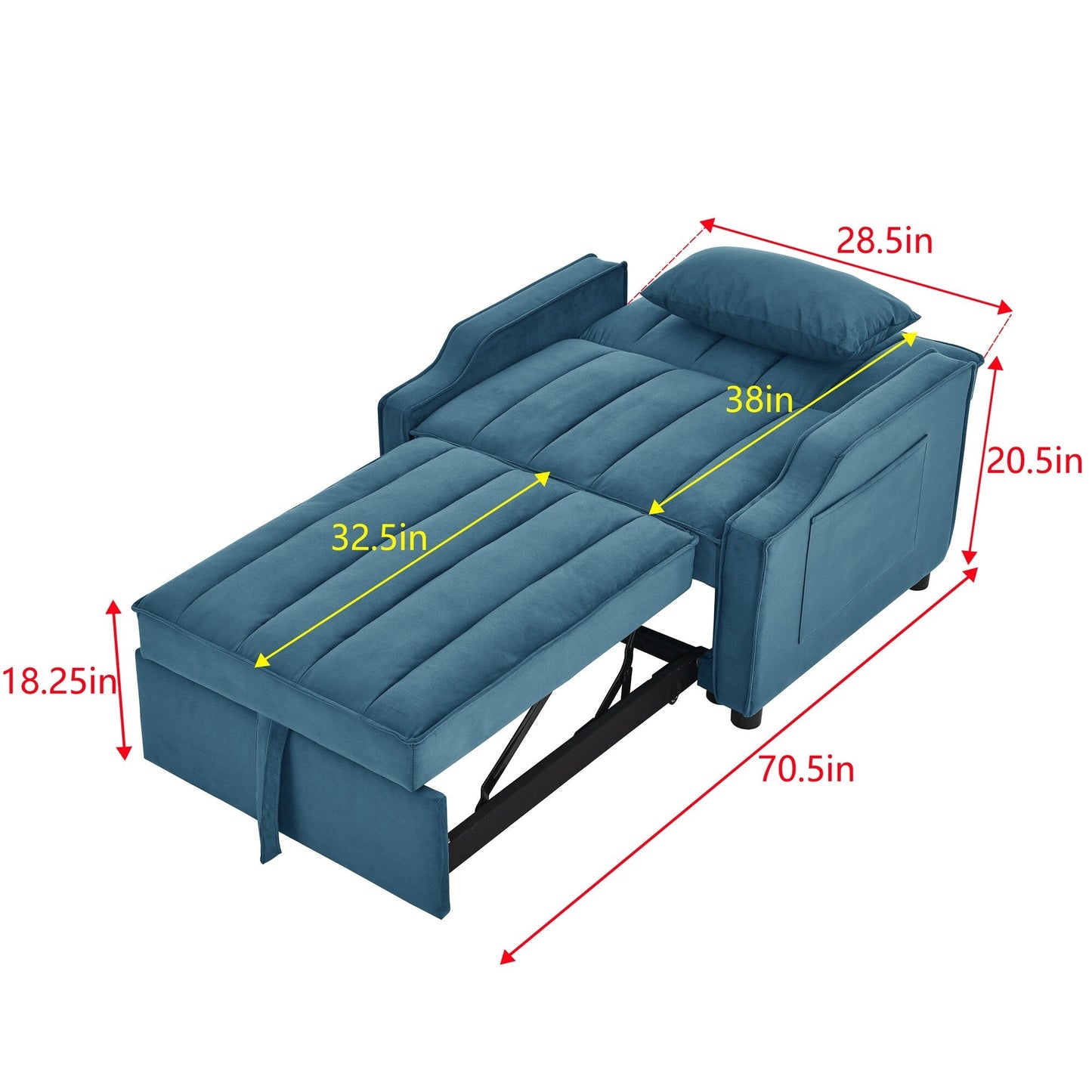 Divano letto singolo convertibile in velluto blu da 35,5 pollici con letto estraibile, tasca portaoggetti e cuscini