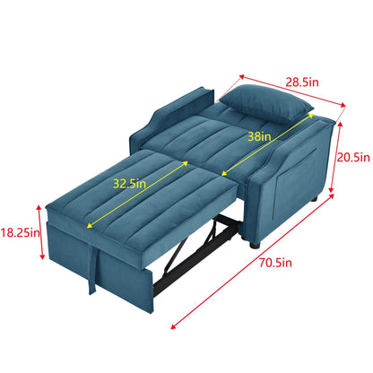 Divano letto singolo convertibile in velluto blu da 35,5 pollici con letto estraibile, tasca portaoggetti e cuscini