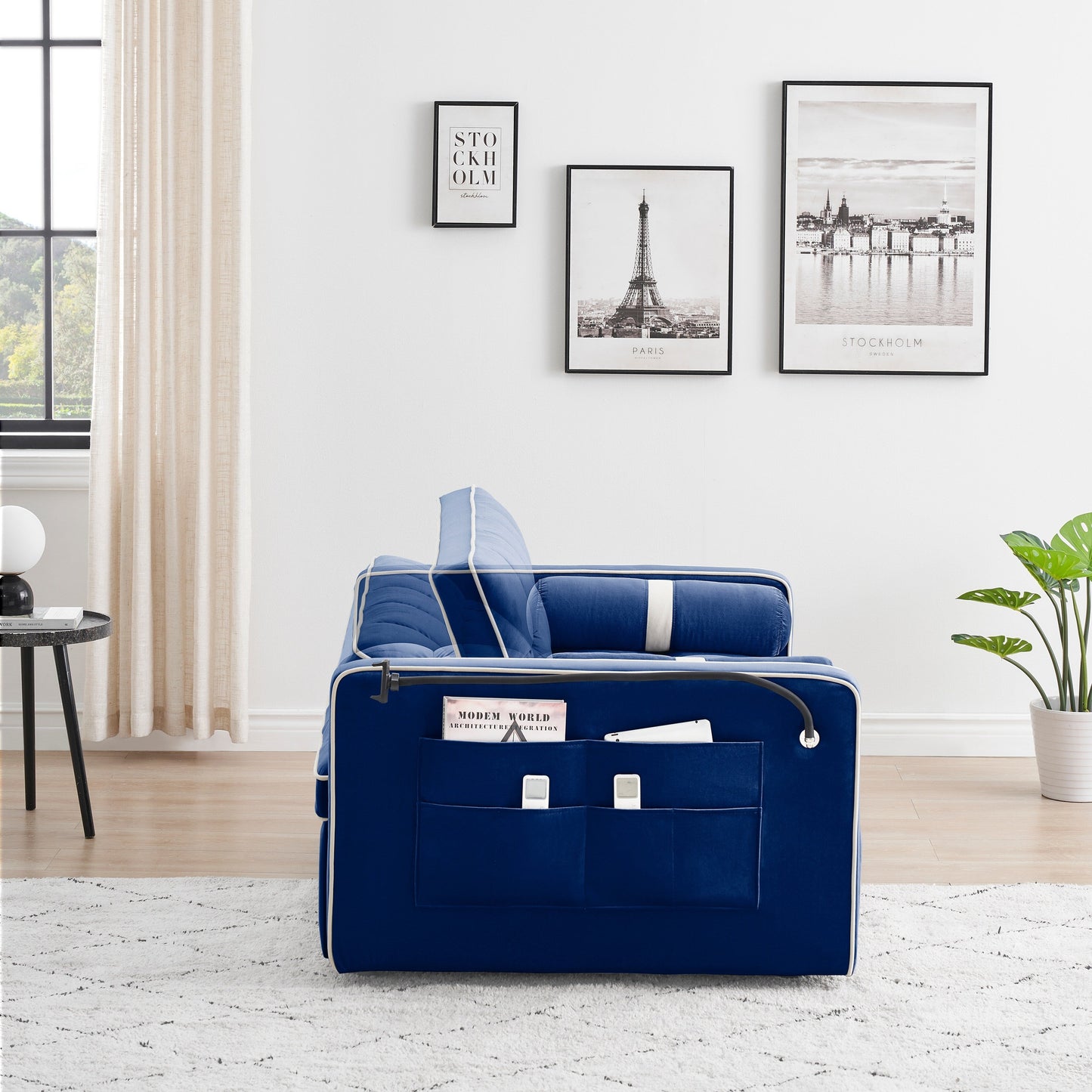 Divano letto convertibile a 2 posti Blue Velvet 55 con letto estraibile, schienale regolabile, tasche laterali e cuscini