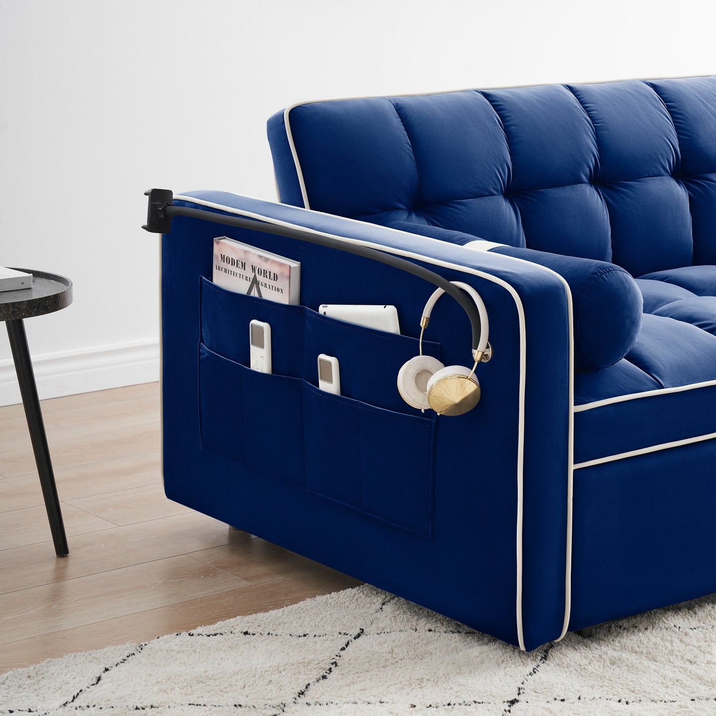 Divano letto convertibile a 2 posti Blue Velvet 55 con letto estraibile, schienale regolabile, tasche laterali e cuscini