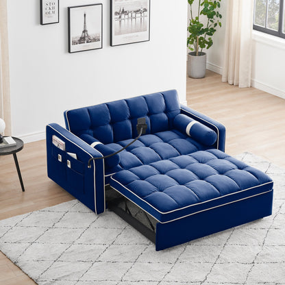Divano letto convertibile a 2 posti Blue Velvet 55 con letto estraibile, schienale regolabile, tasche laterali e cuscini