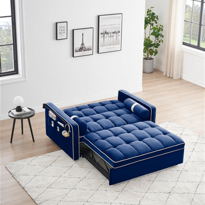 Divano letto trasformabile in velluto blu da 55'' con letto estraibile e tasche laterali