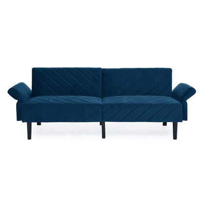 Divano letto futon trasformabile in velluto blu trapuntato