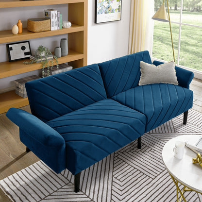 Divano letto futon trasformabile in velluto blu trapuntato