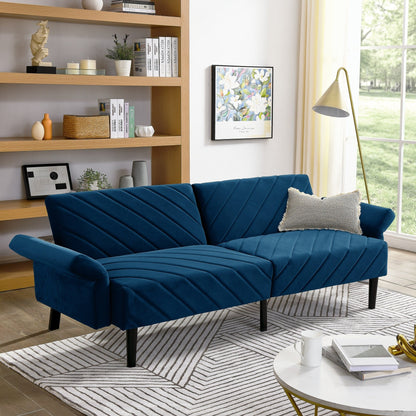 Divano letto futon trasformabile in velluto blu trapuntato