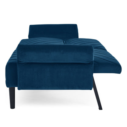 Divano letto futon trasformabile in velluto blu trapuntato